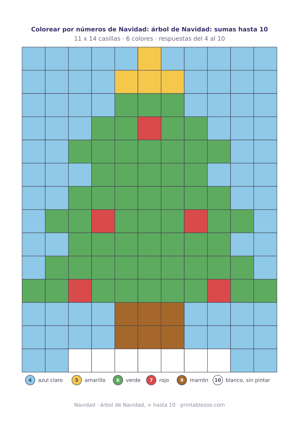 Colorear por números de Navidad con sumas hasta 10: 154 casillas que forman un árbol de Navidad