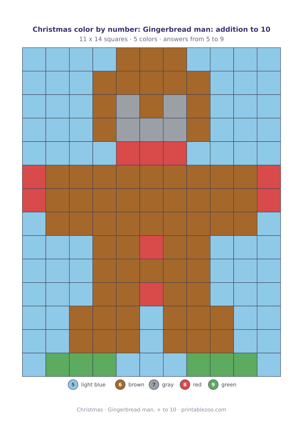 Christmas math color by number with addition to 10: 154 squares that build a gingerbread man
