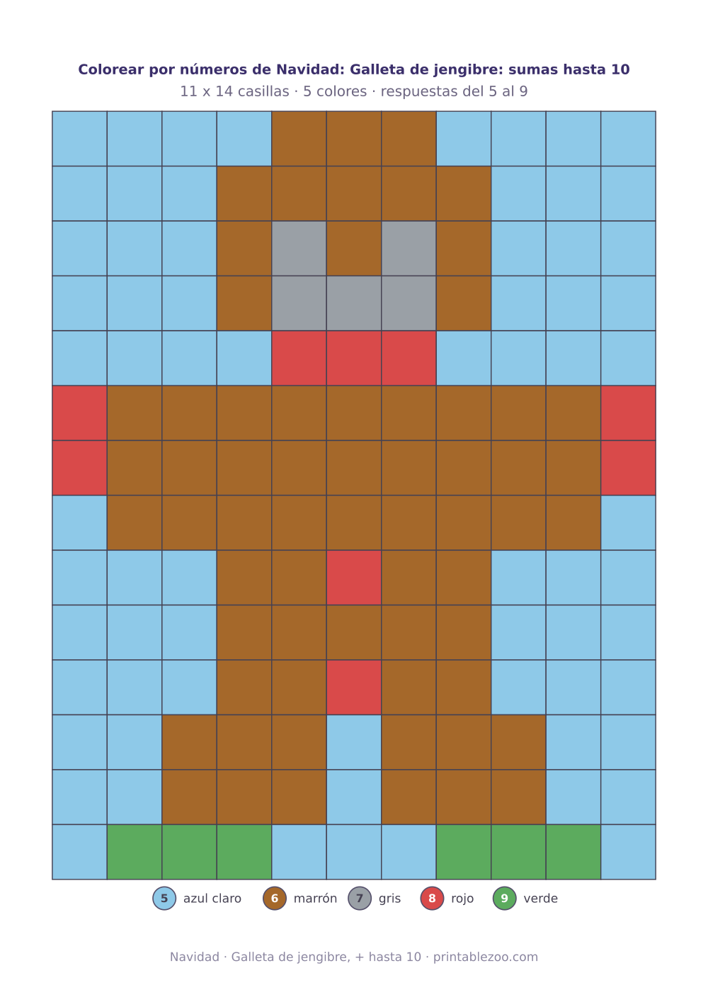 Colorear por números de Navidad con sumas hasta 10: 154 casillas que forman un galleta de jengibre
