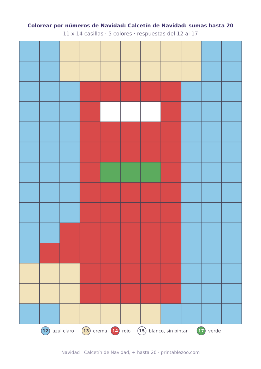 Colorear por números de Navidad con sumas hasta 20: 154 casillas que forman un calcetín de Navidad