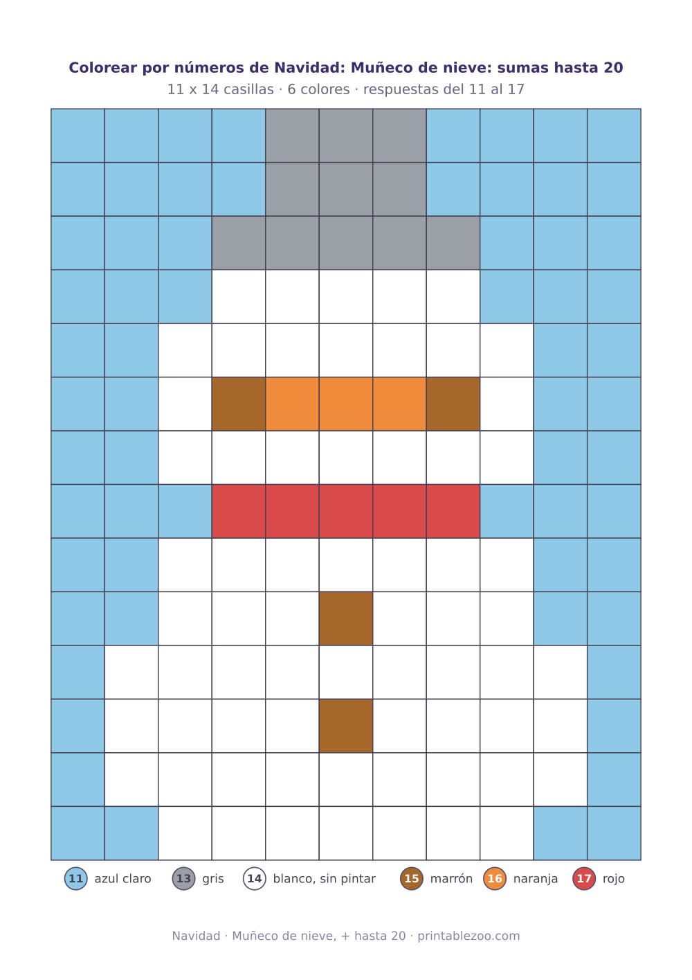 Colorear por números de Navidad con sumas hasta 20: 154 casillas que forman un muñeco de nieve