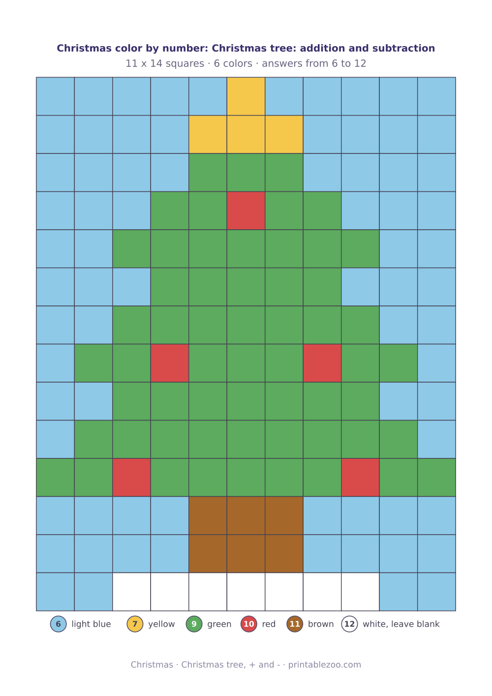 Christmas math color by number with addition and subtraction: 154 squares that build a Christmas tree