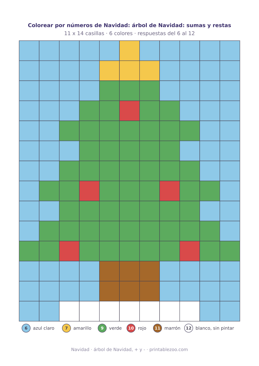 Colorear por números de Navidad con sumas y restas: 154 casillas que forman un árbol de Navidad