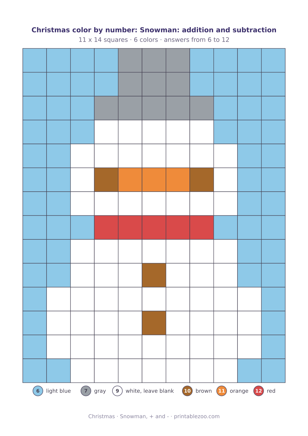 Christmas math color by number with addition and subtraction: 154 squares that build a snowman