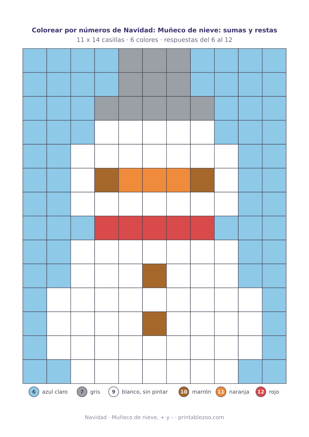 Colorear por números de Navidad con sumas y restas: 154 casillas que forman un muñeco de nieve
