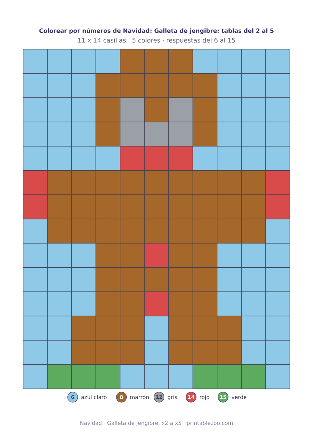 Colorear por números de Navidad con tablas del 2 al 5: 154 casillas que forman un galleta de jengibre