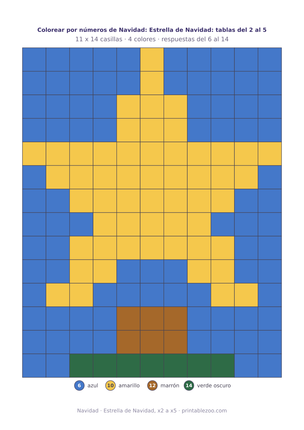 Colorear por números de Navidad con tablas del 2 al 5: 154 casillas que forman un estrella de Navidad