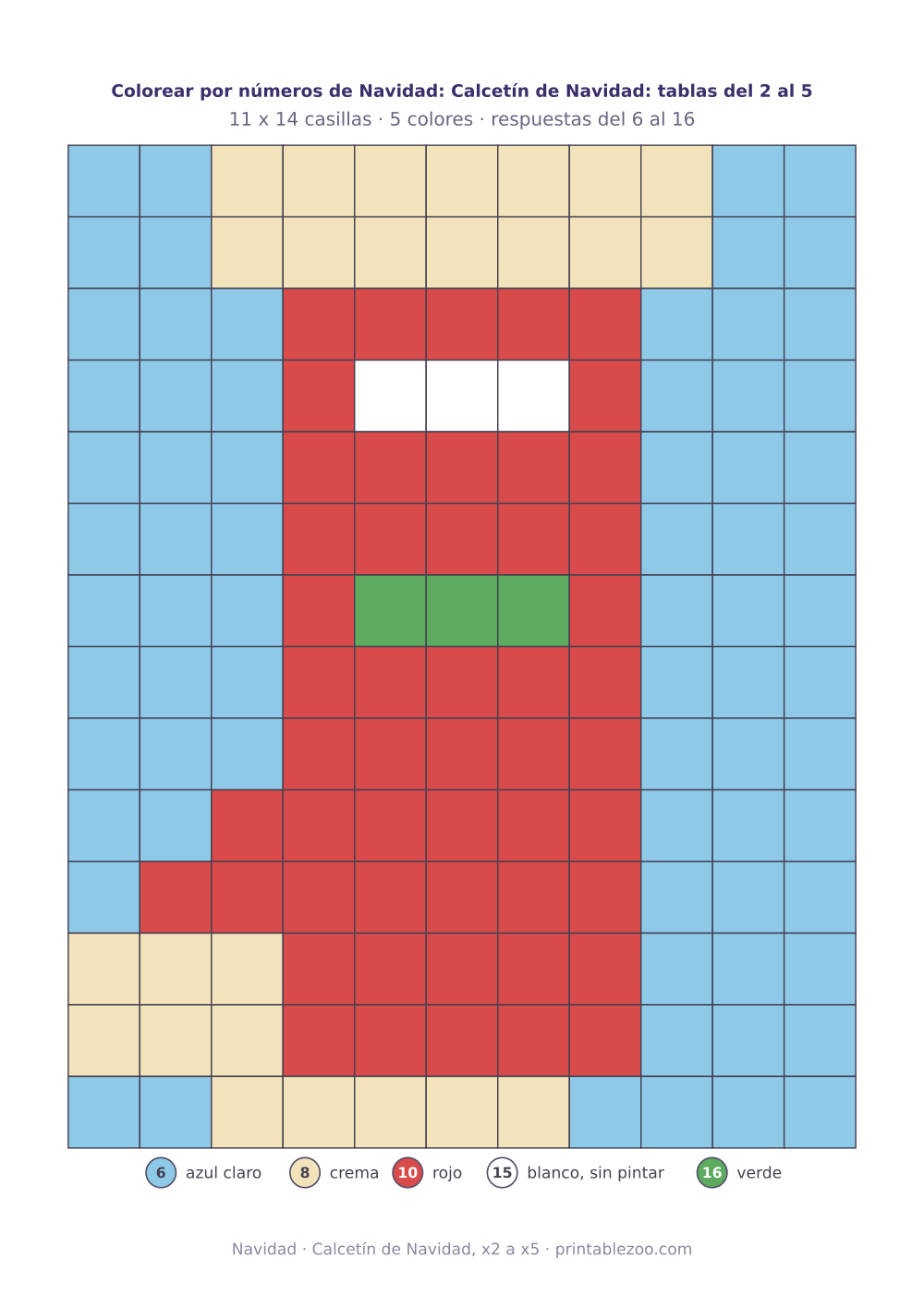 Colorear por números de Navidad con tablas del 2 al 5: 154 casillas que forman un calcetín de Navidad