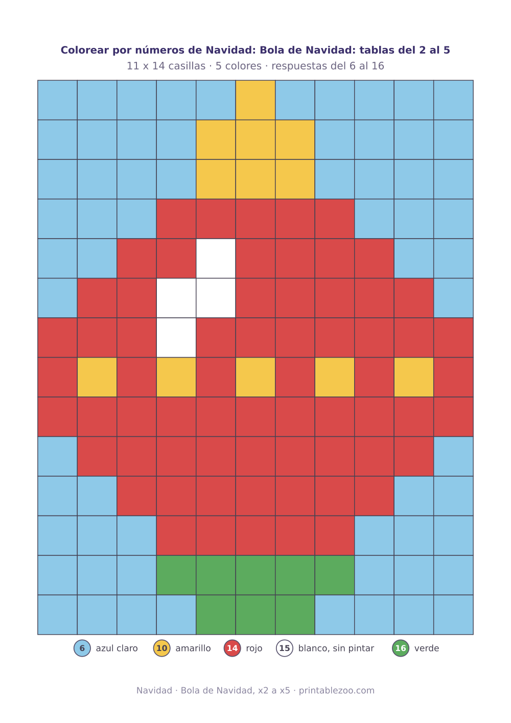 Colorear por números de Navidad con tablas del 2 al 5: 154 casillas que forman un bola de Navidad