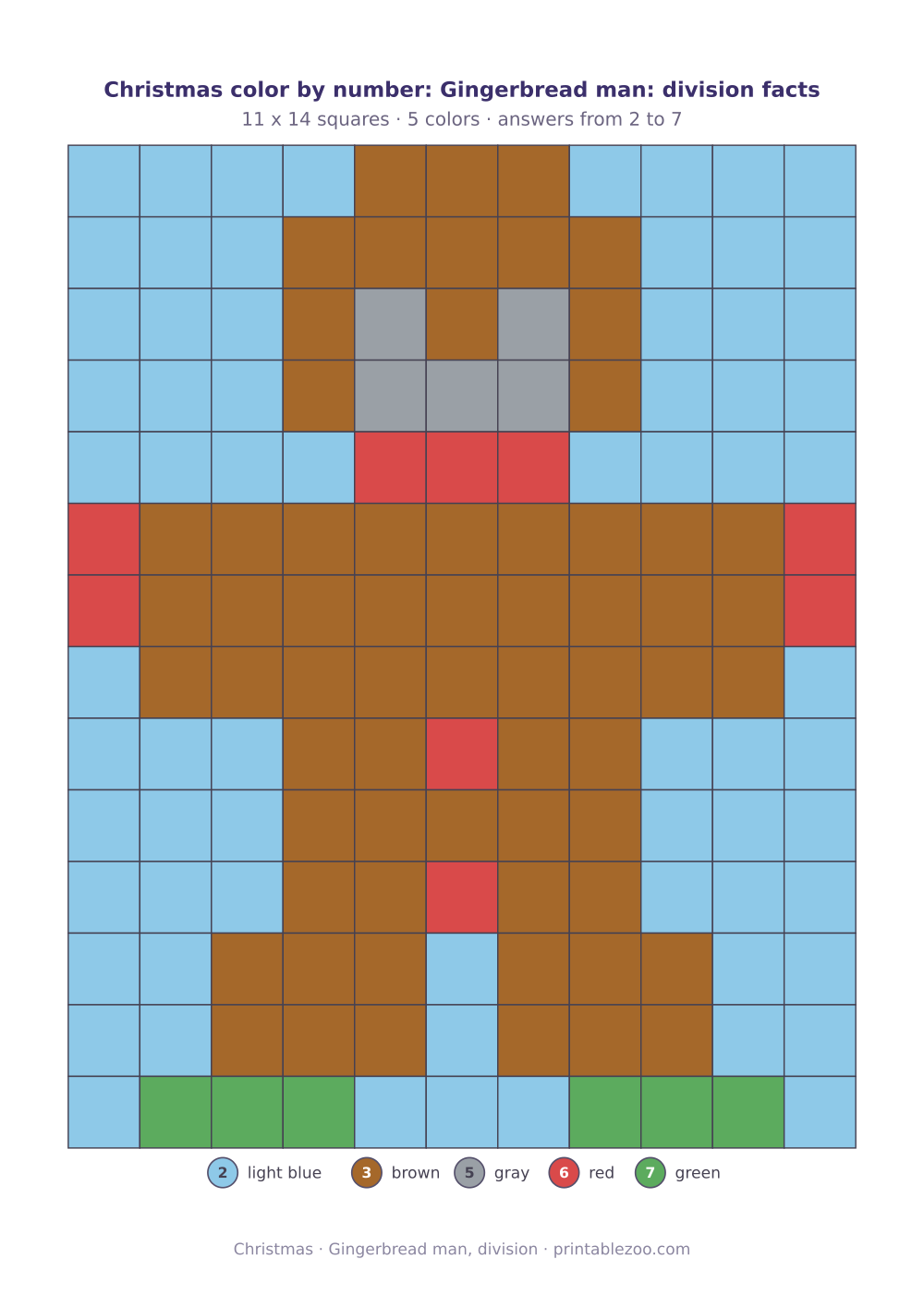 Christmas math color by number with division facts: 154 squares that build a gingerbread man