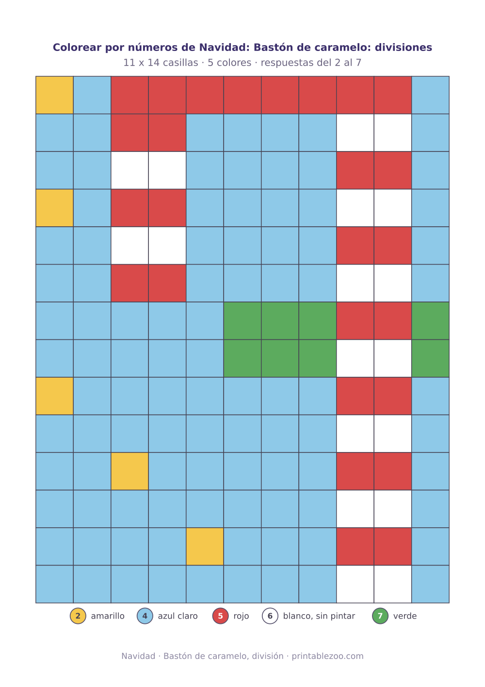 Colorear por números de Navidad con divisiones: 154 casillas que forman un bastón de caramelo