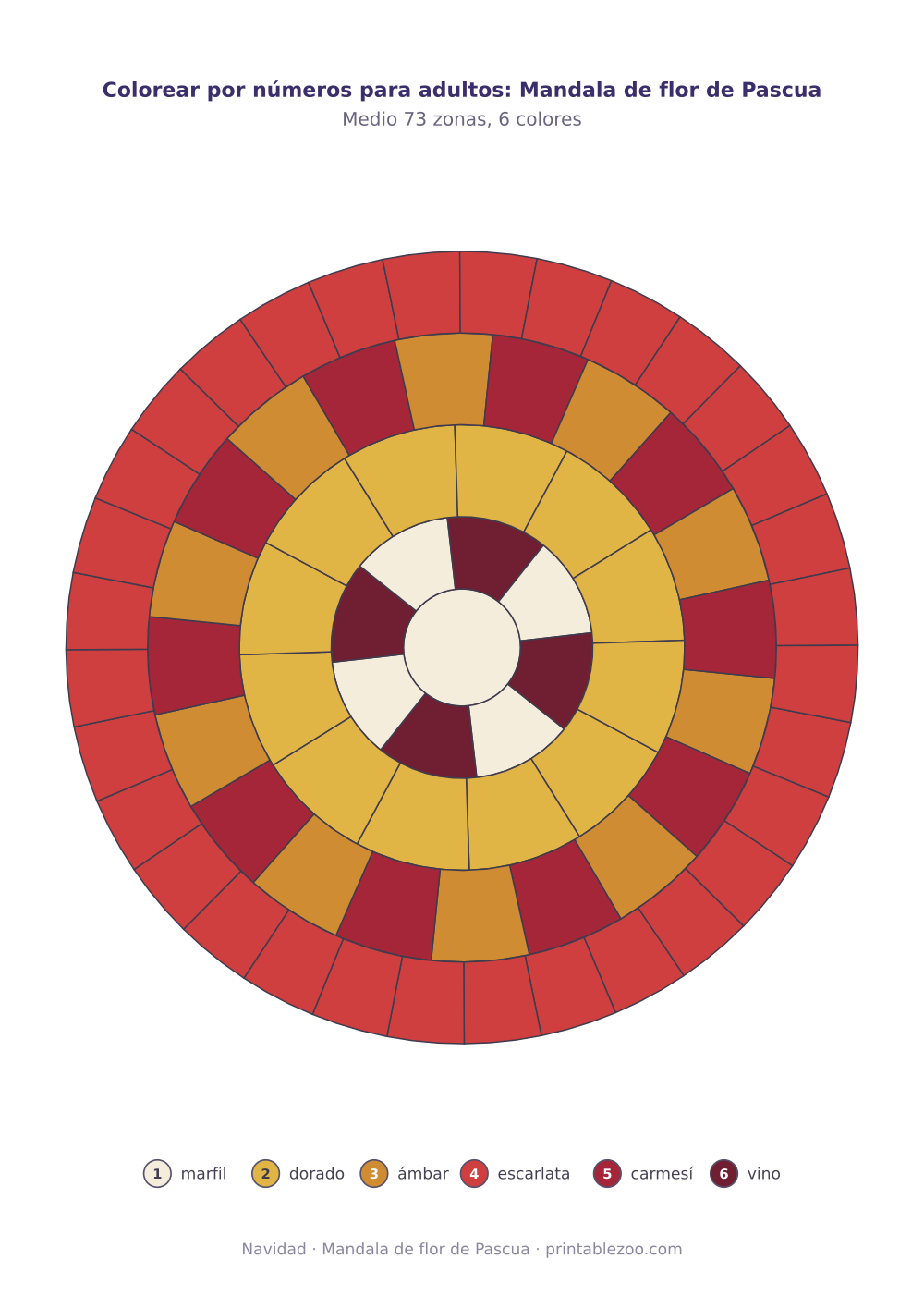 Lámina para colorear por números para adultos: mandala de flor de Pascua, 73 zonas numeradas y 6 colores