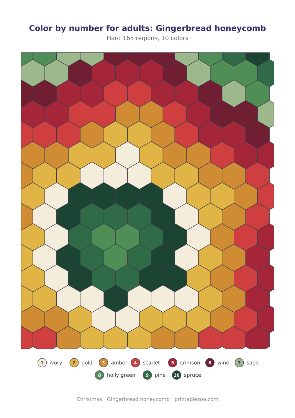 Color by number printable for adults: gingerbread honeycomb, 165 numbered regions and 10 colors