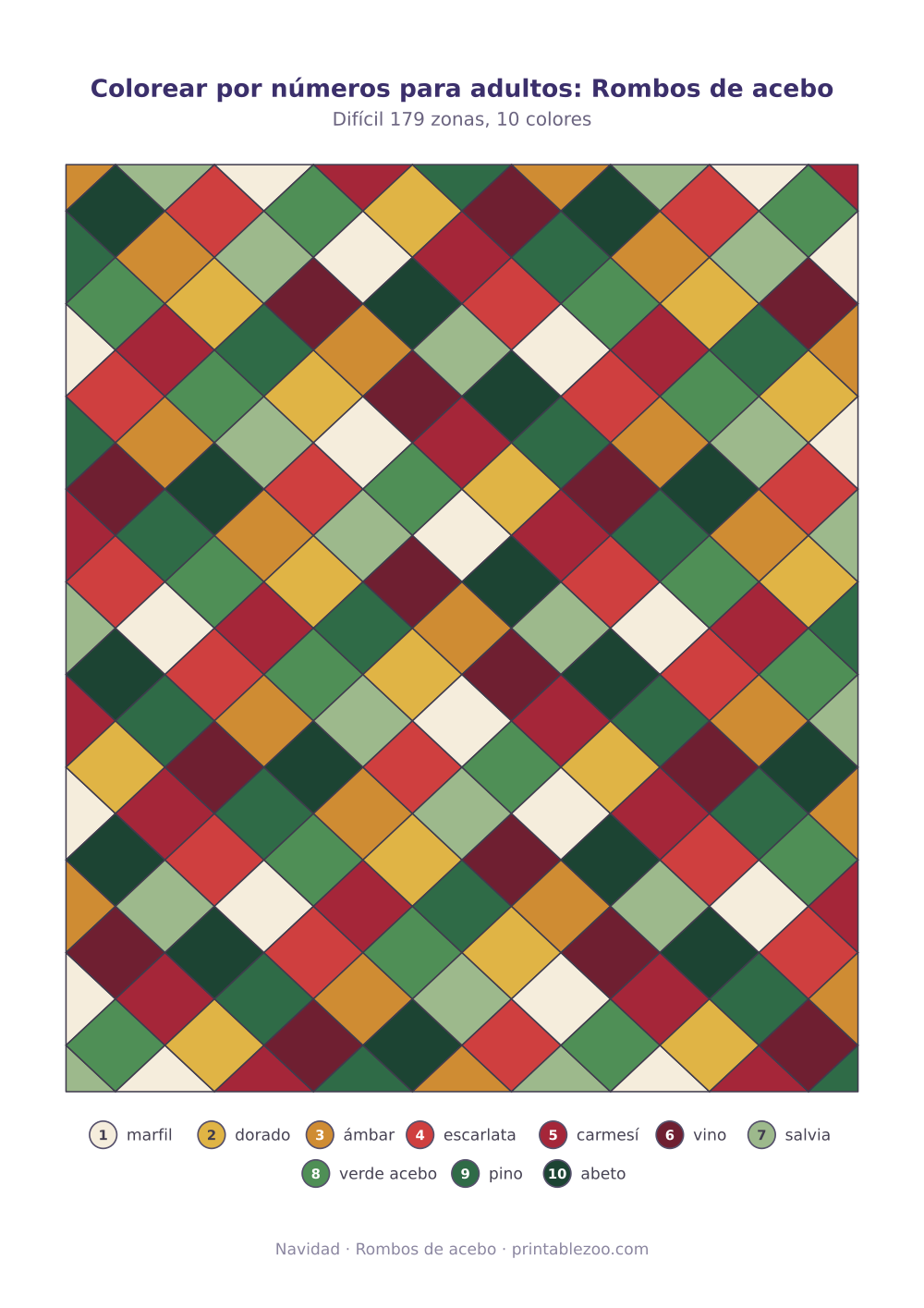 Lámina para colorear por números para adultos: rombos de acebo, 179 zonas numeradas y 10 colores