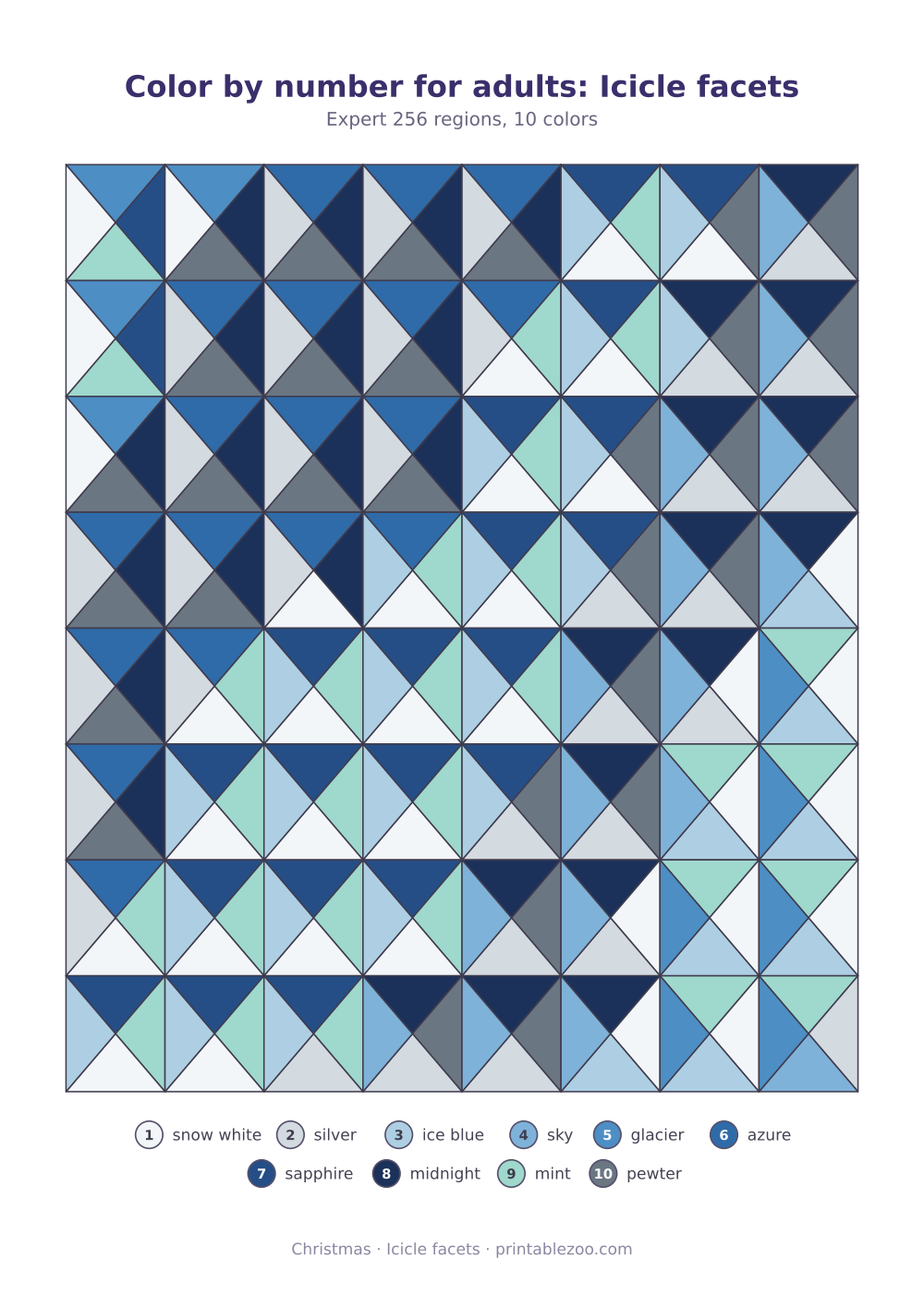 Color by number printable for adults: icicle facets, 256 numbered regions and 10 colors