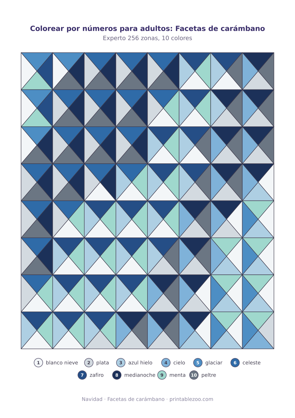 Lámina para colorear por números para adultos: facetas de carámbano, 256 zonas numeradas y 10 colores