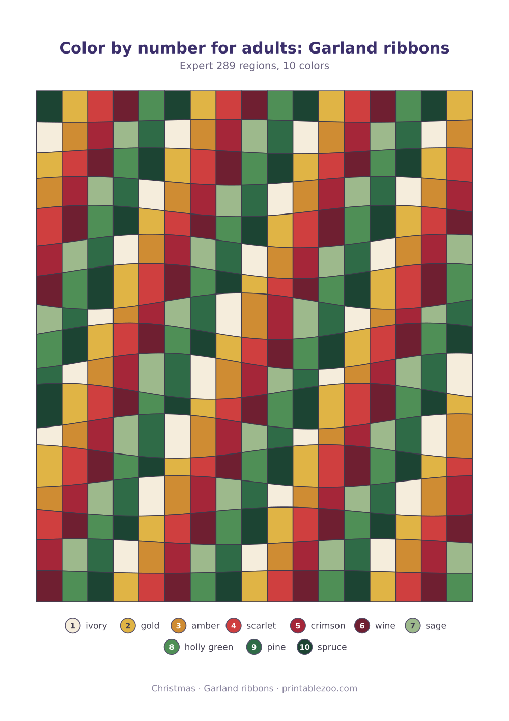 Color by number printable for adults: garland ribbons, 289 numbered regions and 10 colors