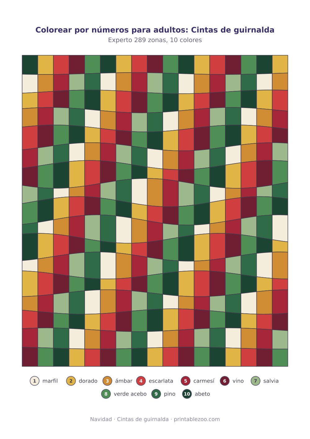 Lámina para colorear por números para adultos: cintas de guirnalda, 289 zonas numeradas y 10 colores