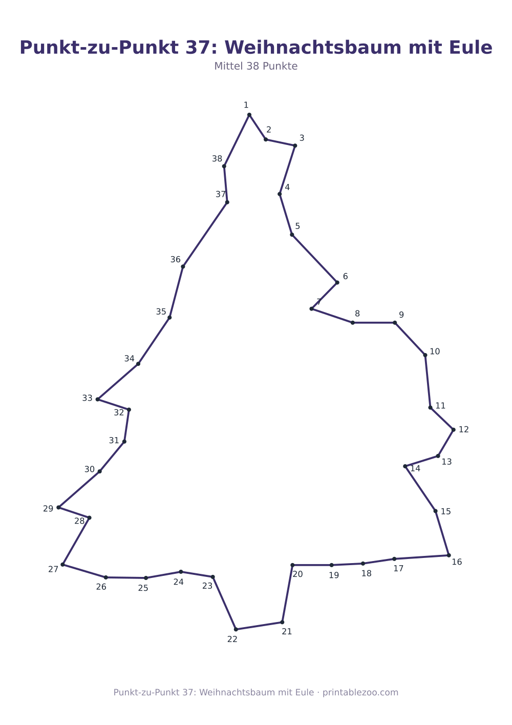 Punkt-zu-Punkt 37: Weihnachtsbaum mit Eule als druckfertige Vorschau, Katalognummer 165203 Rätsel Nr. 165203.
