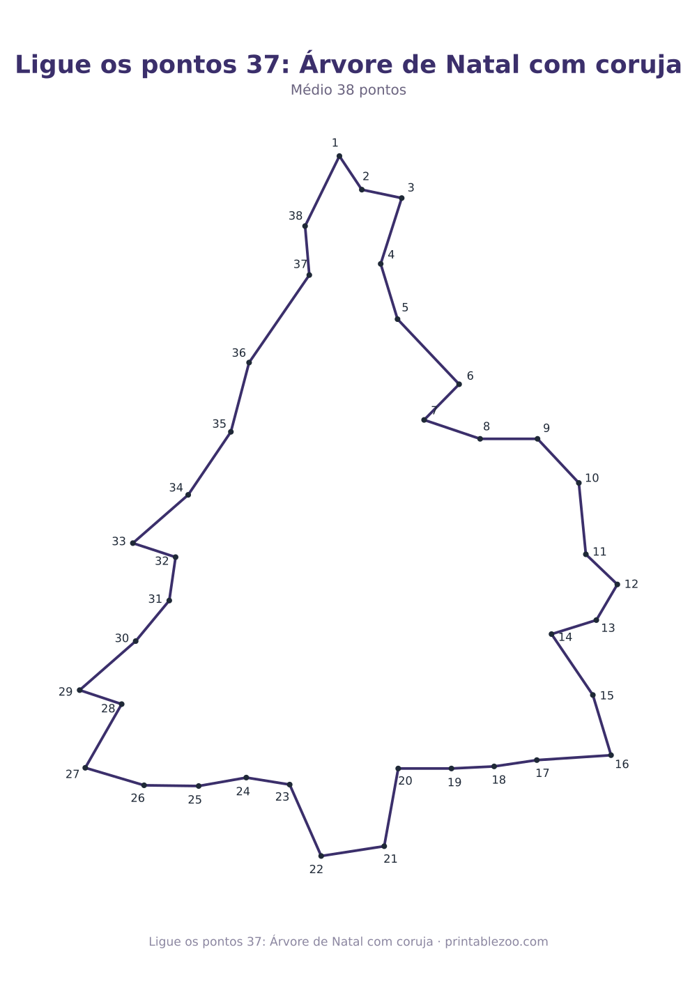 Prévia pronta para imprimir: Ligue os pontos 37: Árvore de Natal com coruja, catálogo nº 165203 Passatempo nº 165203.