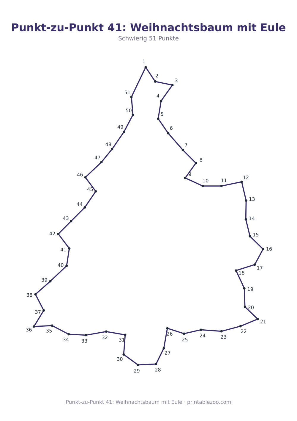 Punkt-zu-Punkt 41: Weihnachtsbaum mit Eule als druckfertige Vorschau, Katalognummer 165303 Rätsel Nr. 165303.