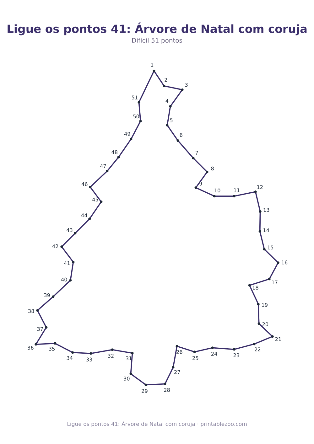 Prévia pronta para imprimir: Ligue os pontos 41: Árvore de Natal com coruja, catálogo nº 165303 Passatempo nº 165303.