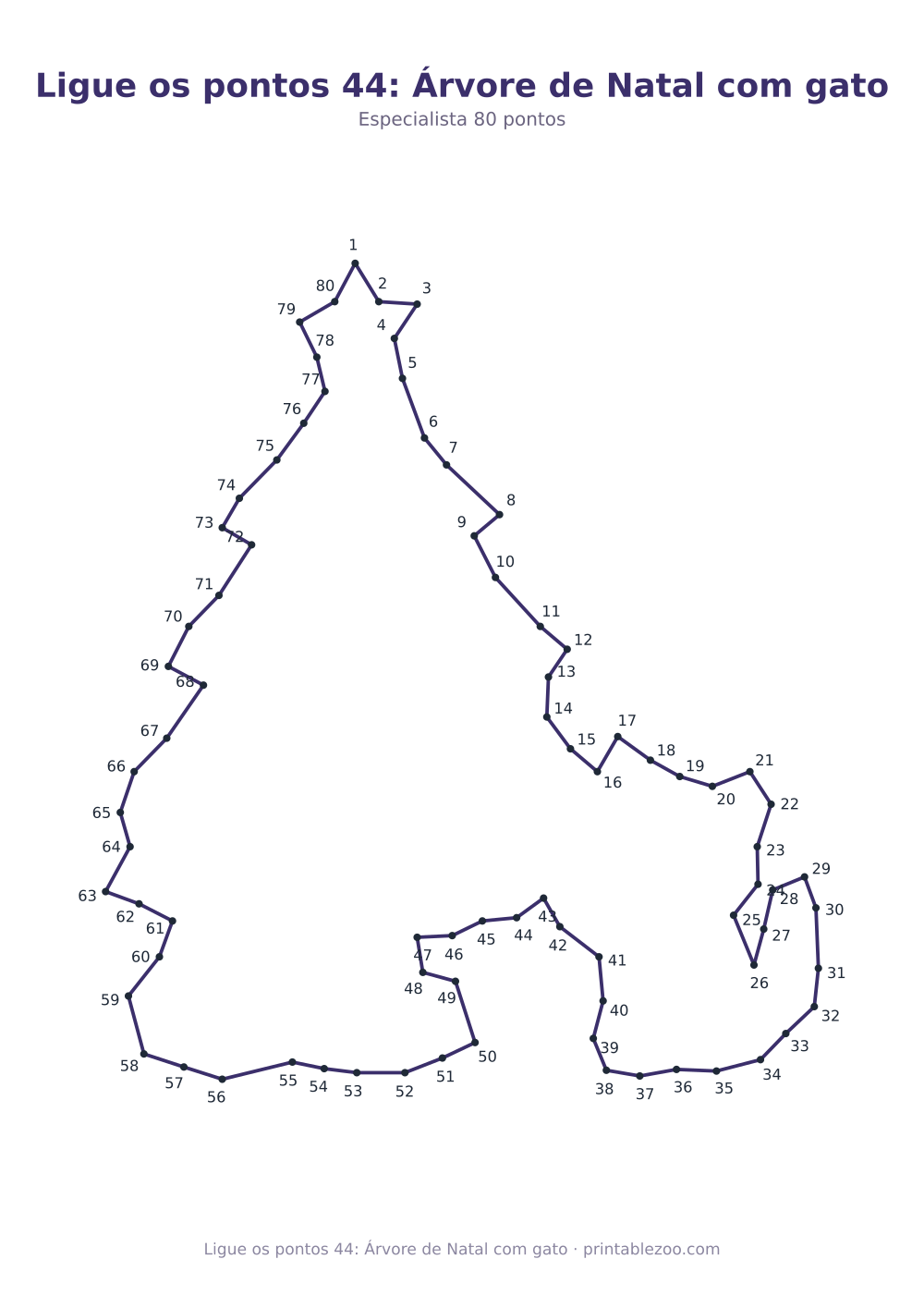 Prévia pronta para imprimir: Ligue os pontos 44: Árvore de Natal com gato, catálogo nº 165402 Passatempo nº 165402.