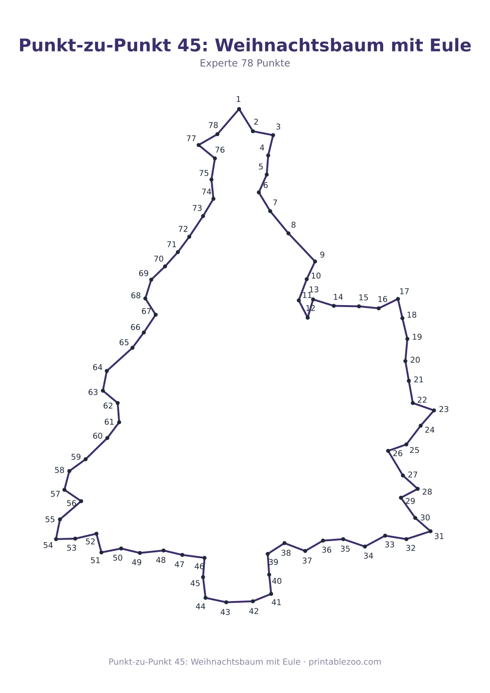Punkt-zu-Punkt 45: Weihnachtsbaum mit Eule als druckfertige Vorschau, Katalognummer 165403 Rätsel Nr. 165403.