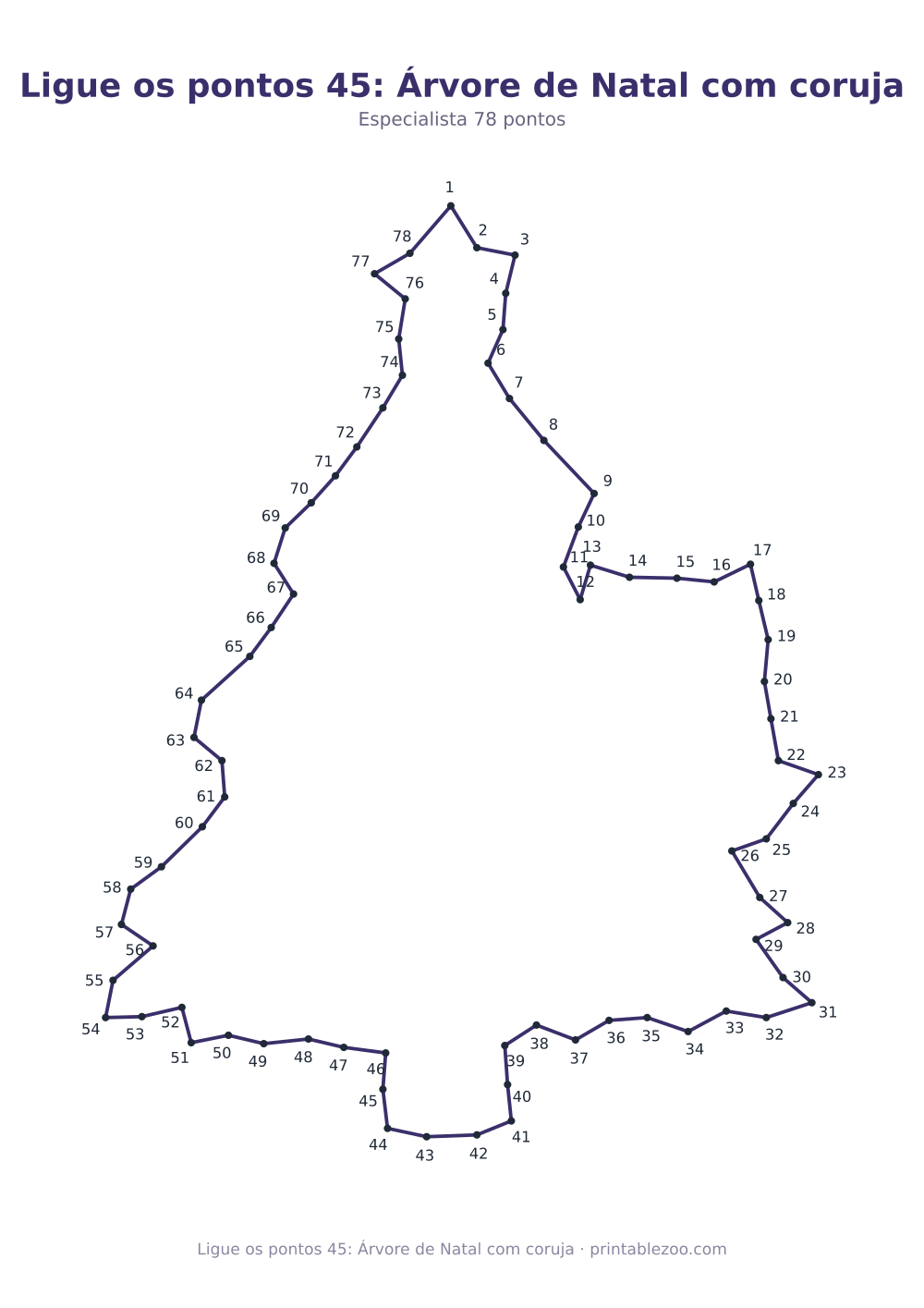 Prévia pronta para imprimir: Ligue os pontos 45: Árvore de Natal com coruja, catálogo nº 165403 Passatempo nº 165403.