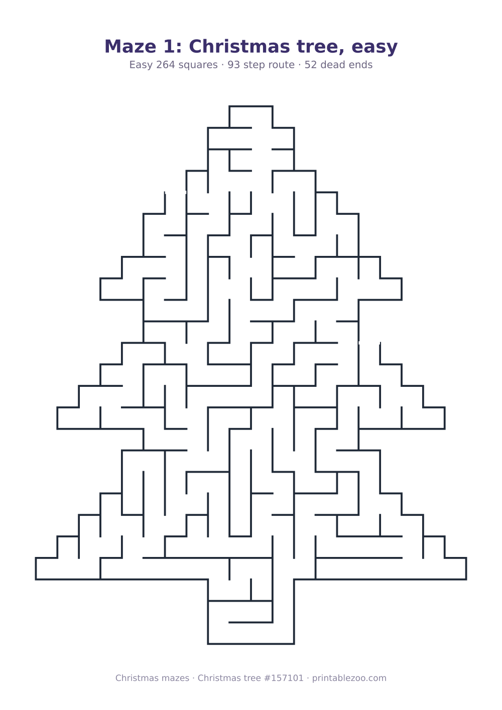 Printable christmas tree shaped maze, 264 squares and 52 dead ends, puzzle 157101
