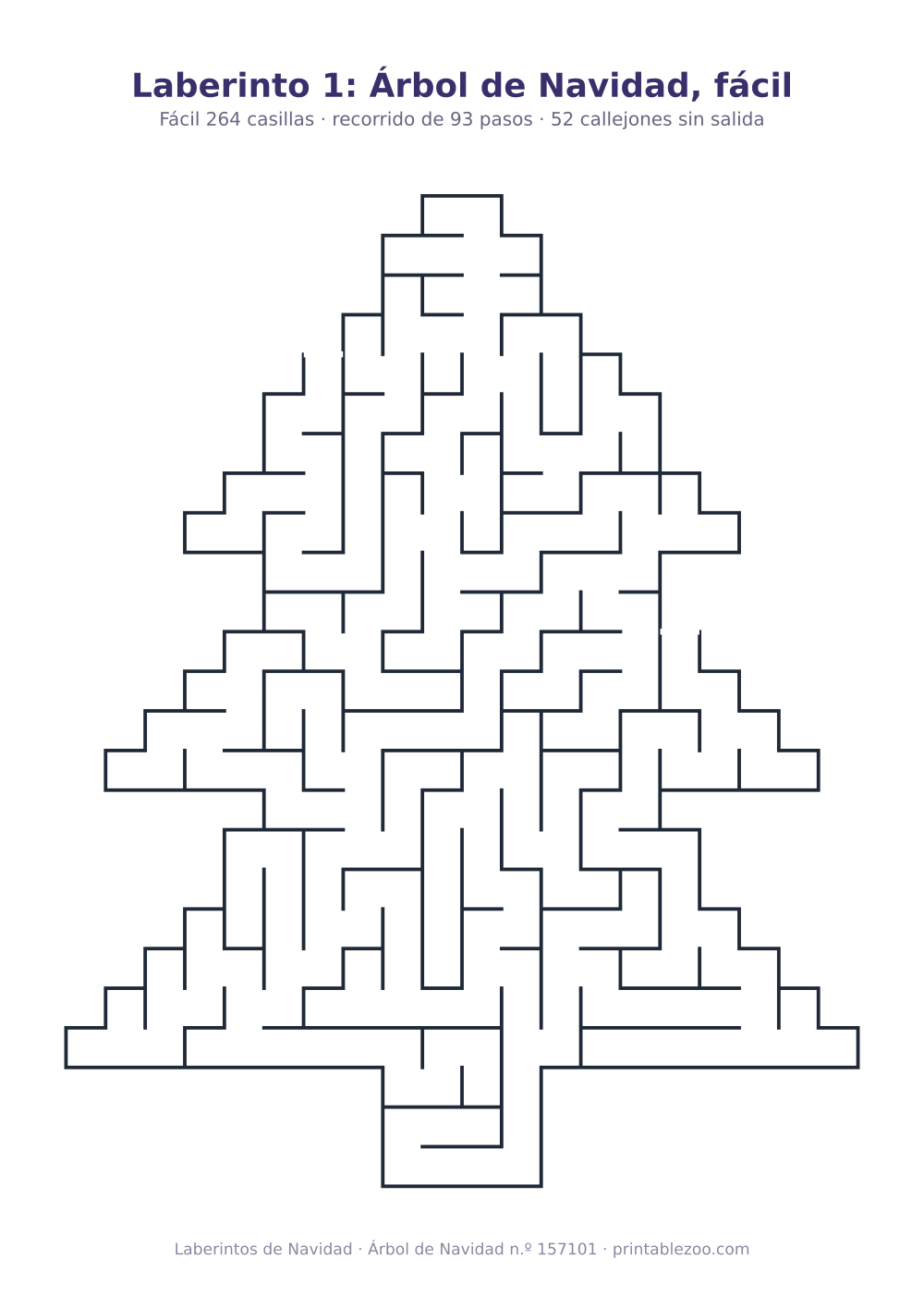 Laberinto para imprimir con forma de árbol de navidad, 264 casillas y 52 callejones sin salida, pasatiempo 157101