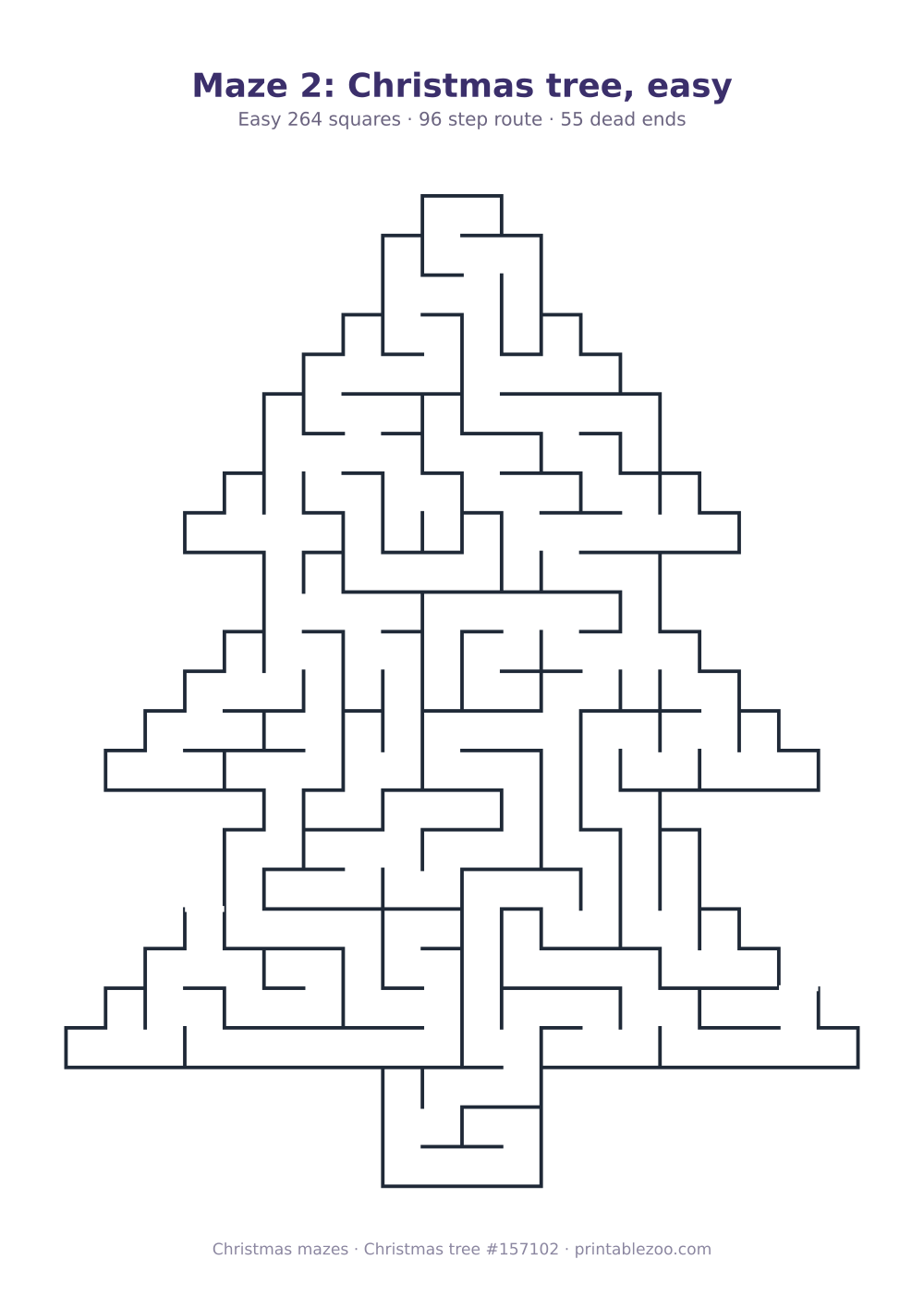 Printable christmas tree shaped maze, 264 squares and 55 dead ends, puzzle 157102