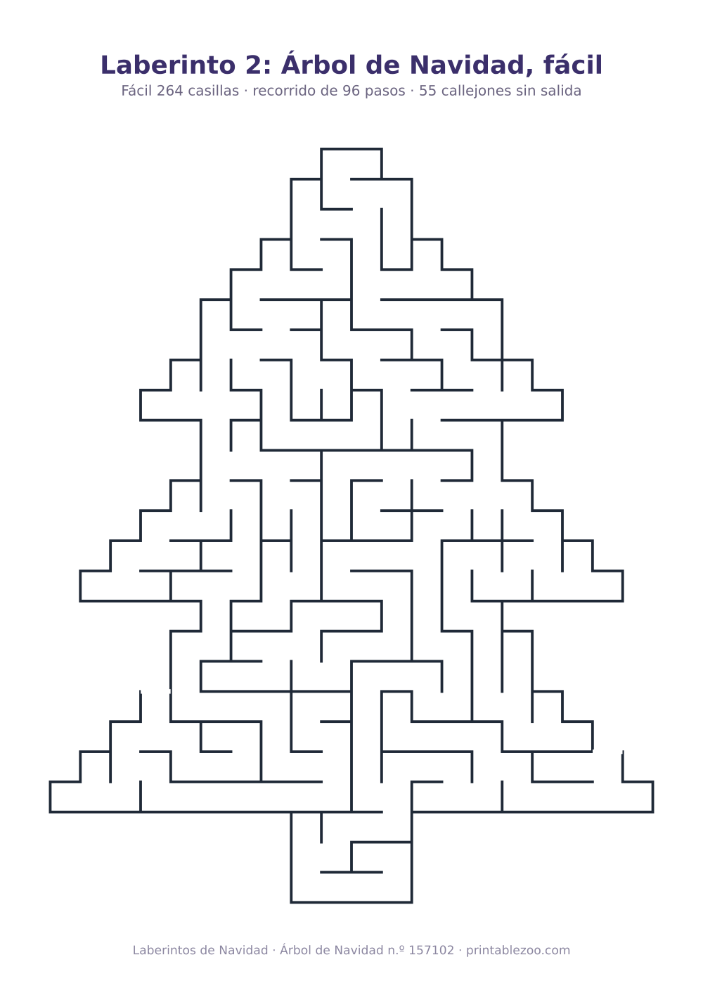 Laberinto para imprimir con forma de árbol de navidad, 264 casillas y 55 callejones sin salida, pasatiempo 157102