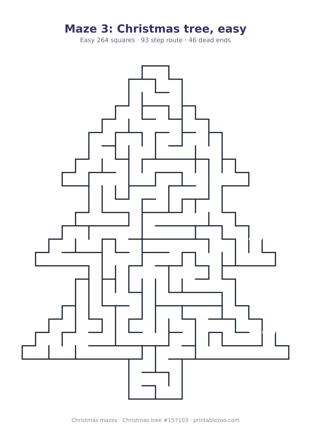 Printable christmas tree shaped maze, 264 squares and 46 dead ends, puzzle 157103
