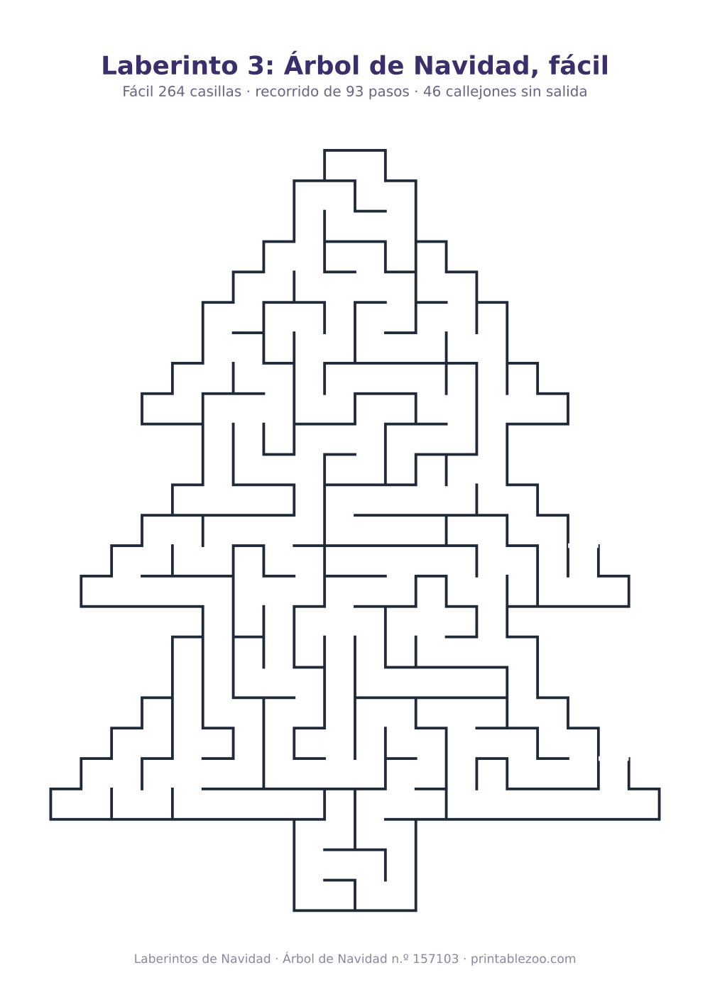 Laberinto para imprimir con forma de árbol de navidad, 264 casillas y 46 callejones sin salida, pasatiempo 157103
