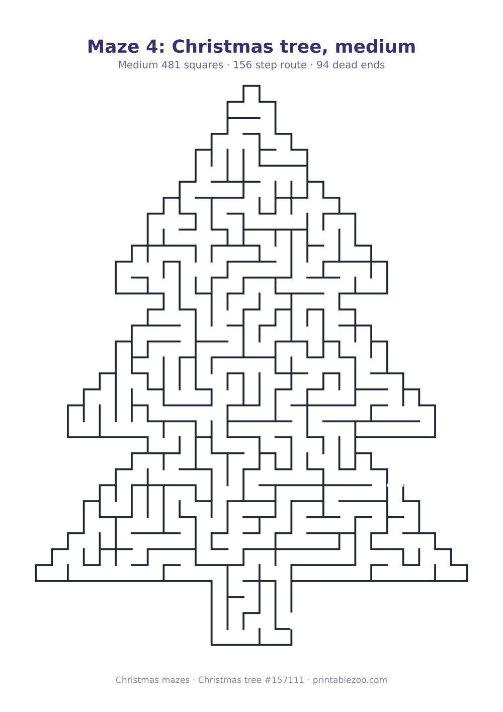 Printable christmas tree shaped maze, 481 squares and 94 dead ends, puzzle 157111