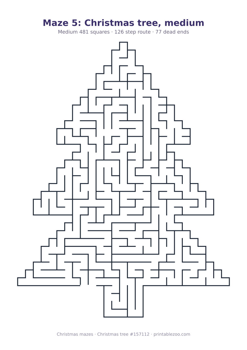 Printable christmas tree shaped maze, 481 squares and 77 dead ends, puzzle 157112