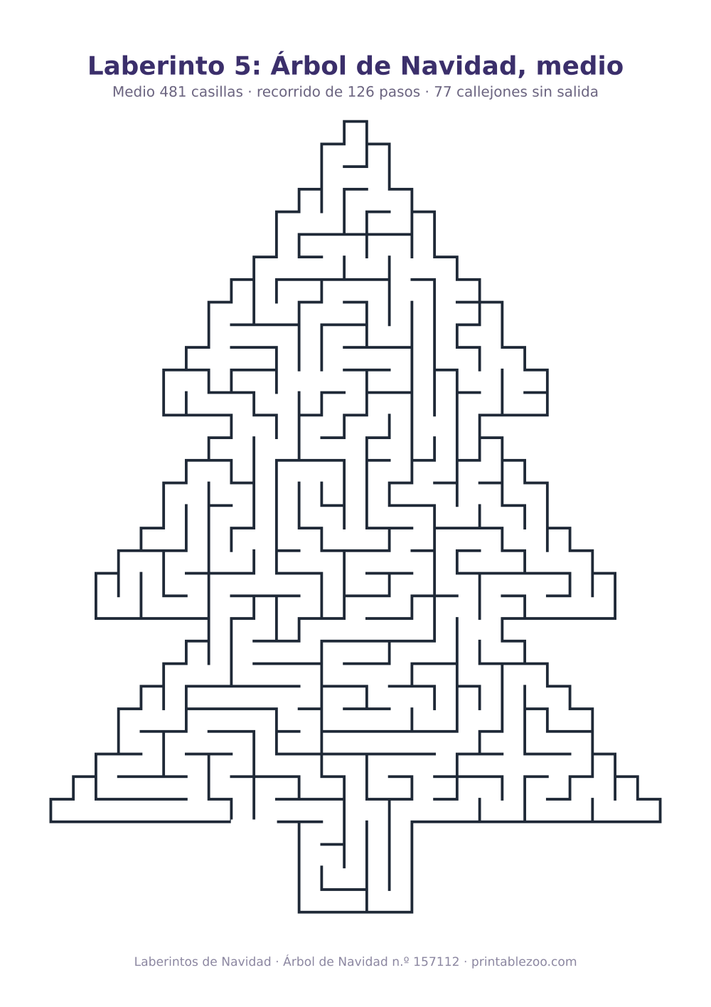 Laberinto para imprimir con forma de árbol de navidad, 481 casillas y 77 callejones sin salida, pasatiempo 157112