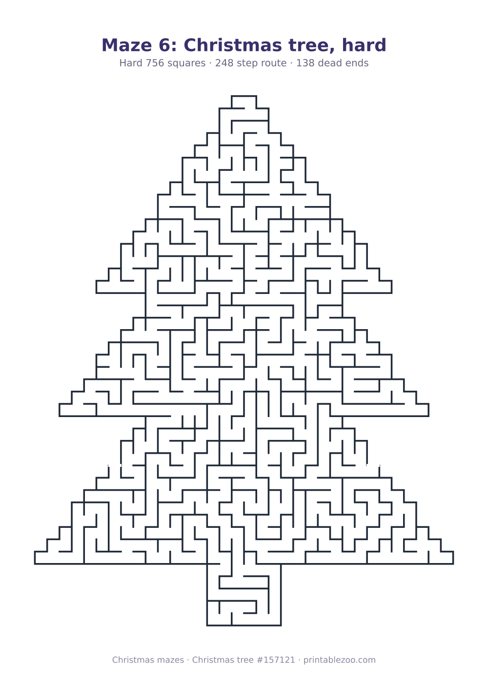 Printable christmas tree shaped maze, 756 squares and 138 dead ends, puzzle 157121