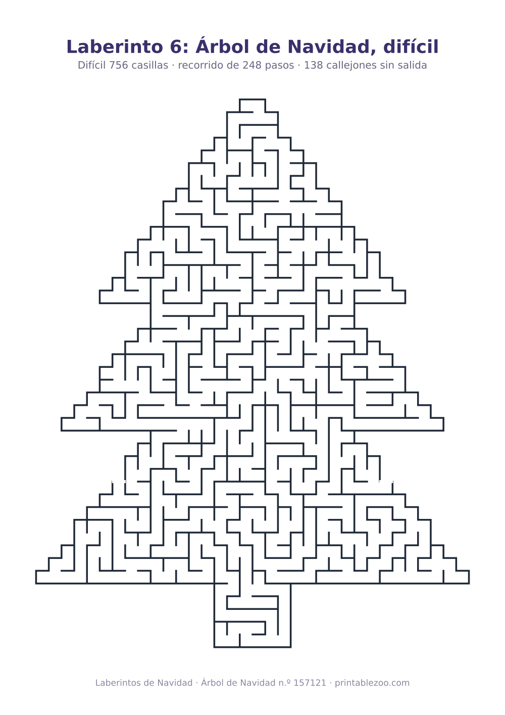 Laberinto para imprimir con forma de árbol de navidad, 756 casillas y 138 callejones sin salida, pasatiempo 157121
