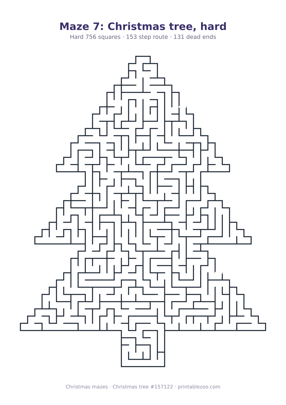 Printable christmas tree shaped maze, 756 squares and 131 dead ends, puzzle 157122