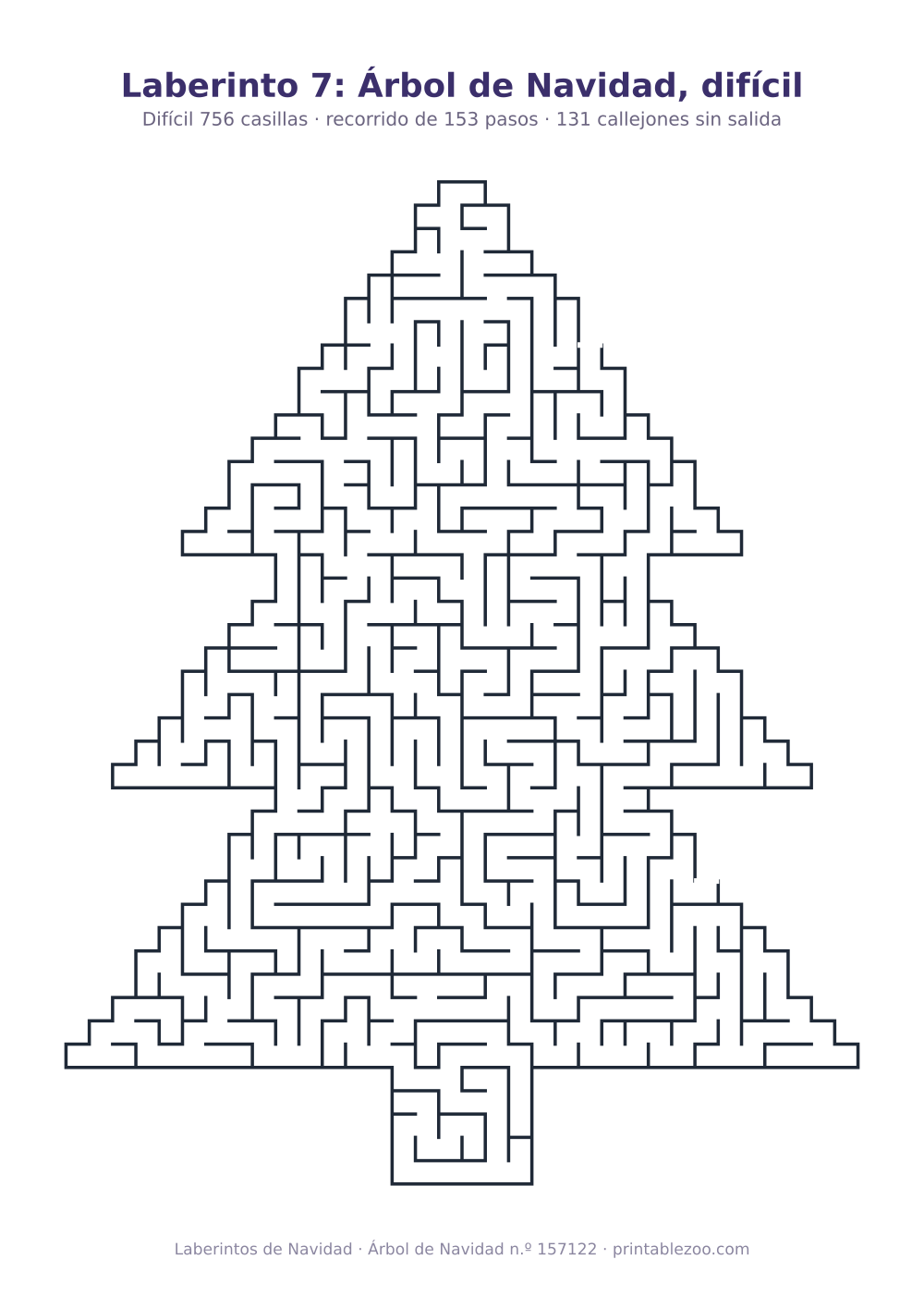 Laberinto para imprimir con forma de árbol de navidad, 756 casillas y 131 callejones sin salida, pasatiempo 157122