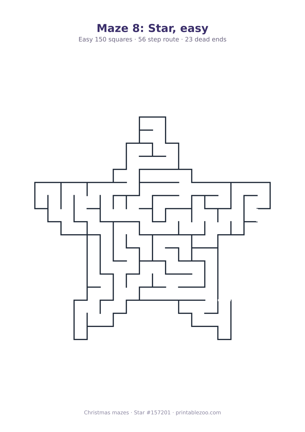 Printable star shaped maze, 150 squares and 23 dead ends, puzzle 157201