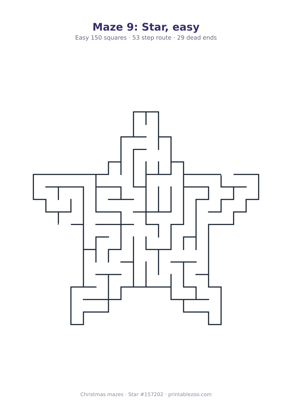 Printable star shaped maze, 150 squares and 29 dead ends, puzzle 157202