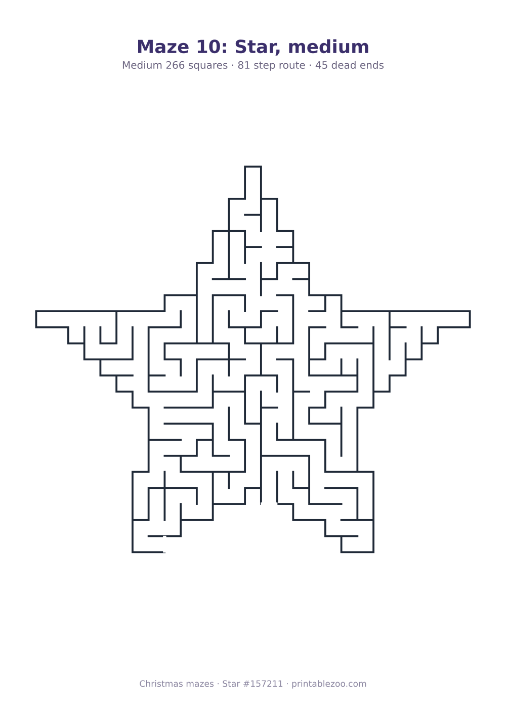 Printable star shaped maze, 266 squares and 45 dead ends, puzzle 157211