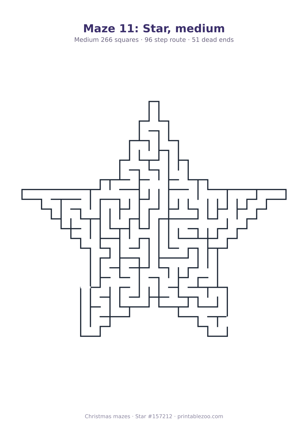 Printable star shaped maze, 266 squares and 51 dead ends, puzzle 157212