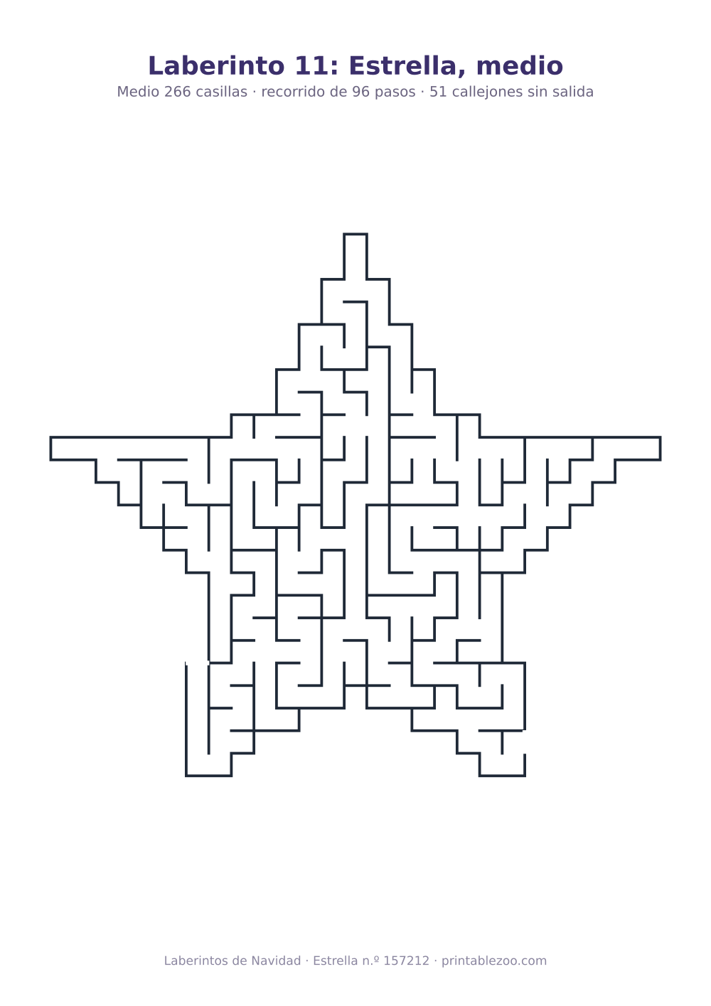 Laberinto para imprimir con forma de estrella, 266 casillas y 51 callejones sin salida, pasatiempo 157212