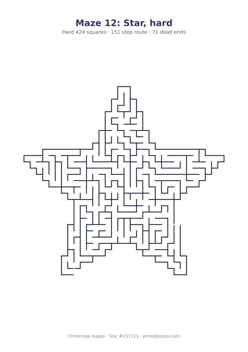 Printable star shaped maze, 424 squares and 71 dead ends, puzzle 157221
