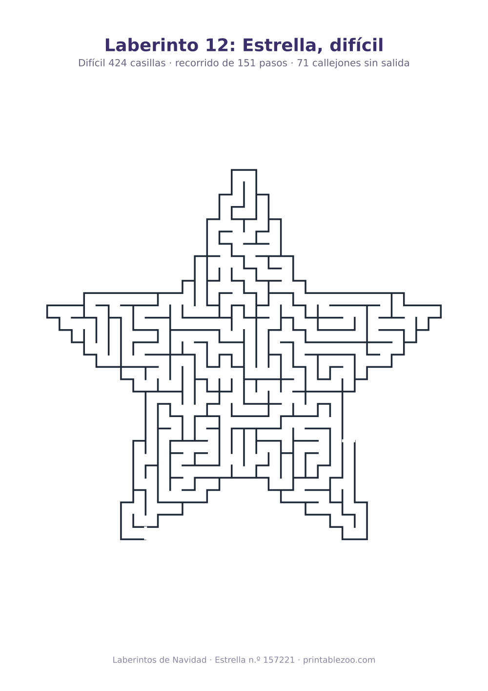 Laberinto para imprimir con forma de estrella, 424 casillas y 71 callejones sin salida, pasatiempo 157221