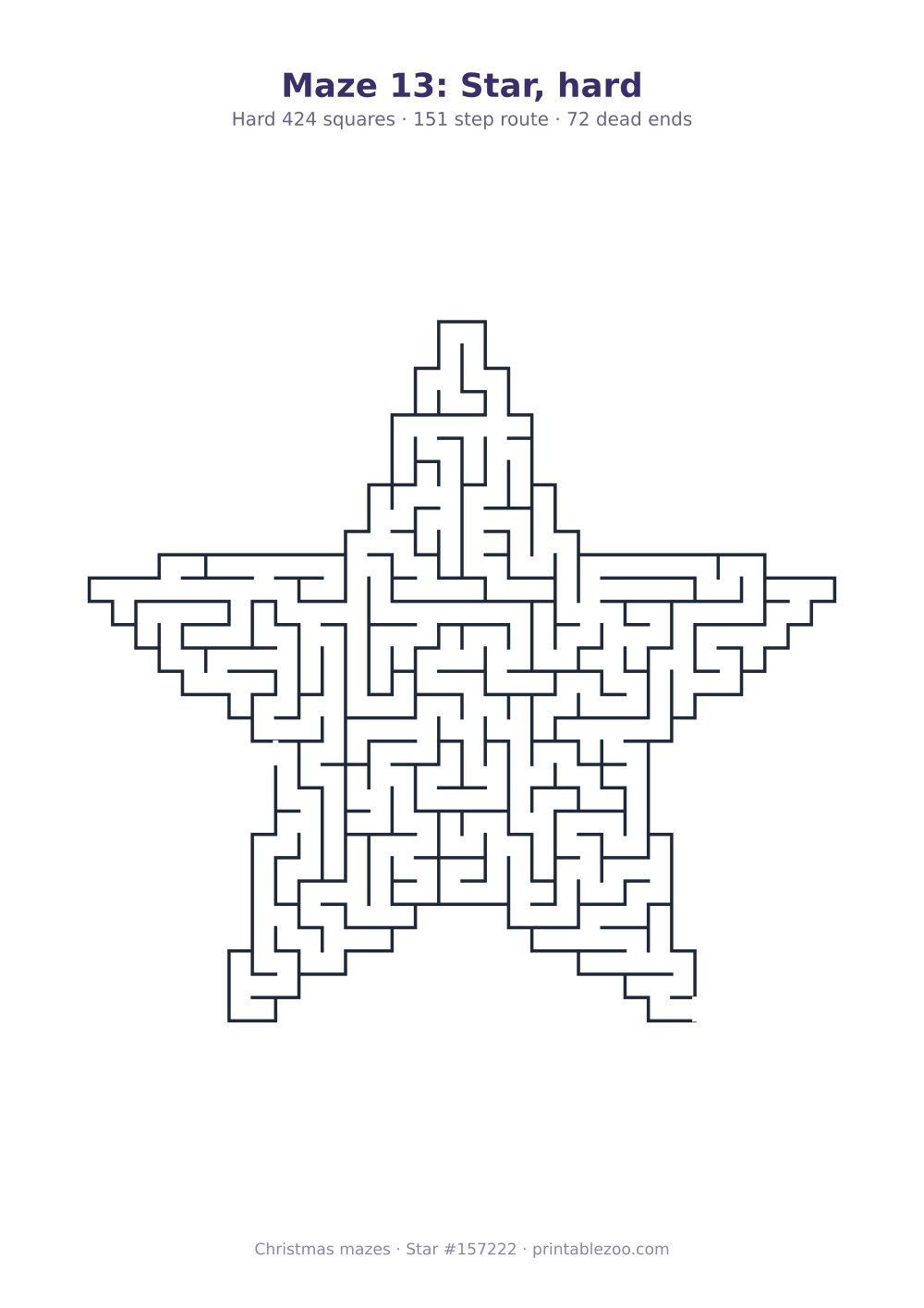 Printable star shaped maze, 424 squares and 72 dead ends, puzzle 157222